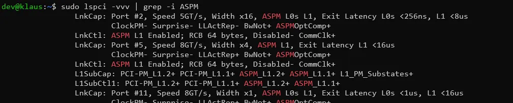 lspci output grepped for aspm
